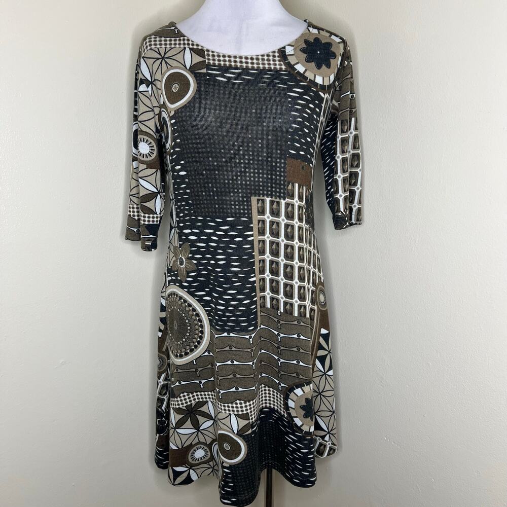 Sharon London Lucia Swing Dress Large Brown Knitted Mini Abstract Artsy Boho Geo